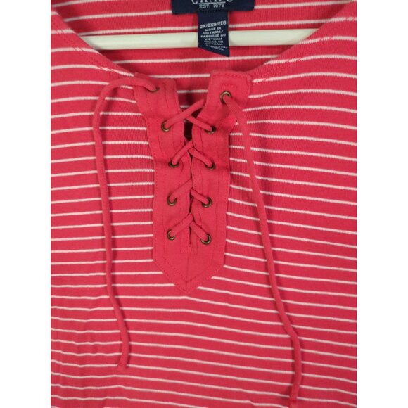CHAPS RALPH LAUREN Stripe Tie Neck Top Womens Size 2X Coral Nautical Long Sleeve - Picture 8 of 8